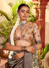 Slate Grey Tussar Silk Tribal Print Saree-4459